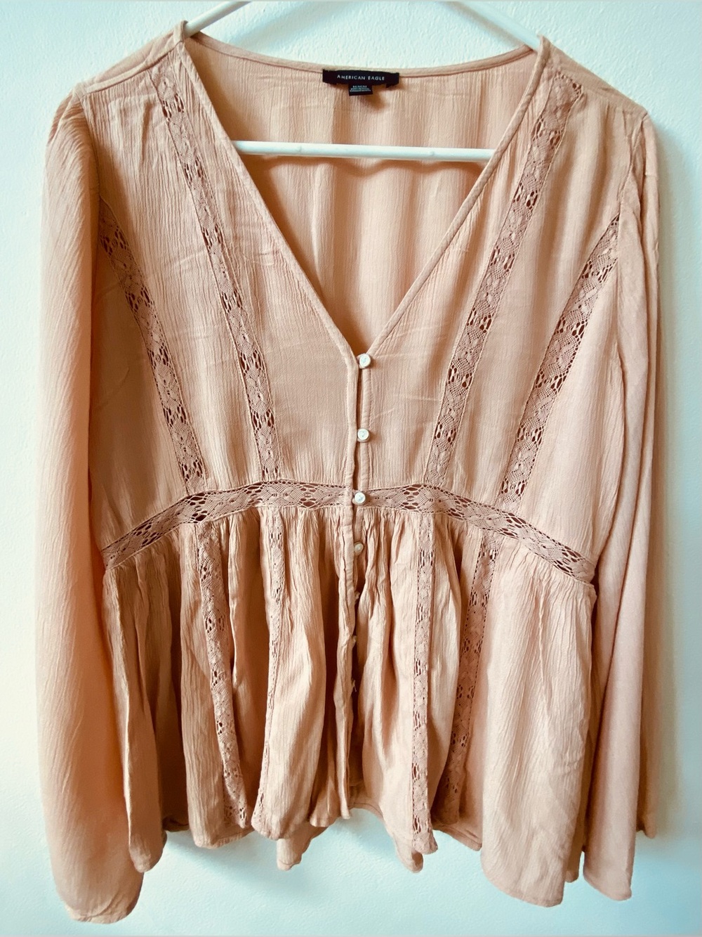 American Eagle Outfitters Blush Lace-Trim Peasant Top ( M)